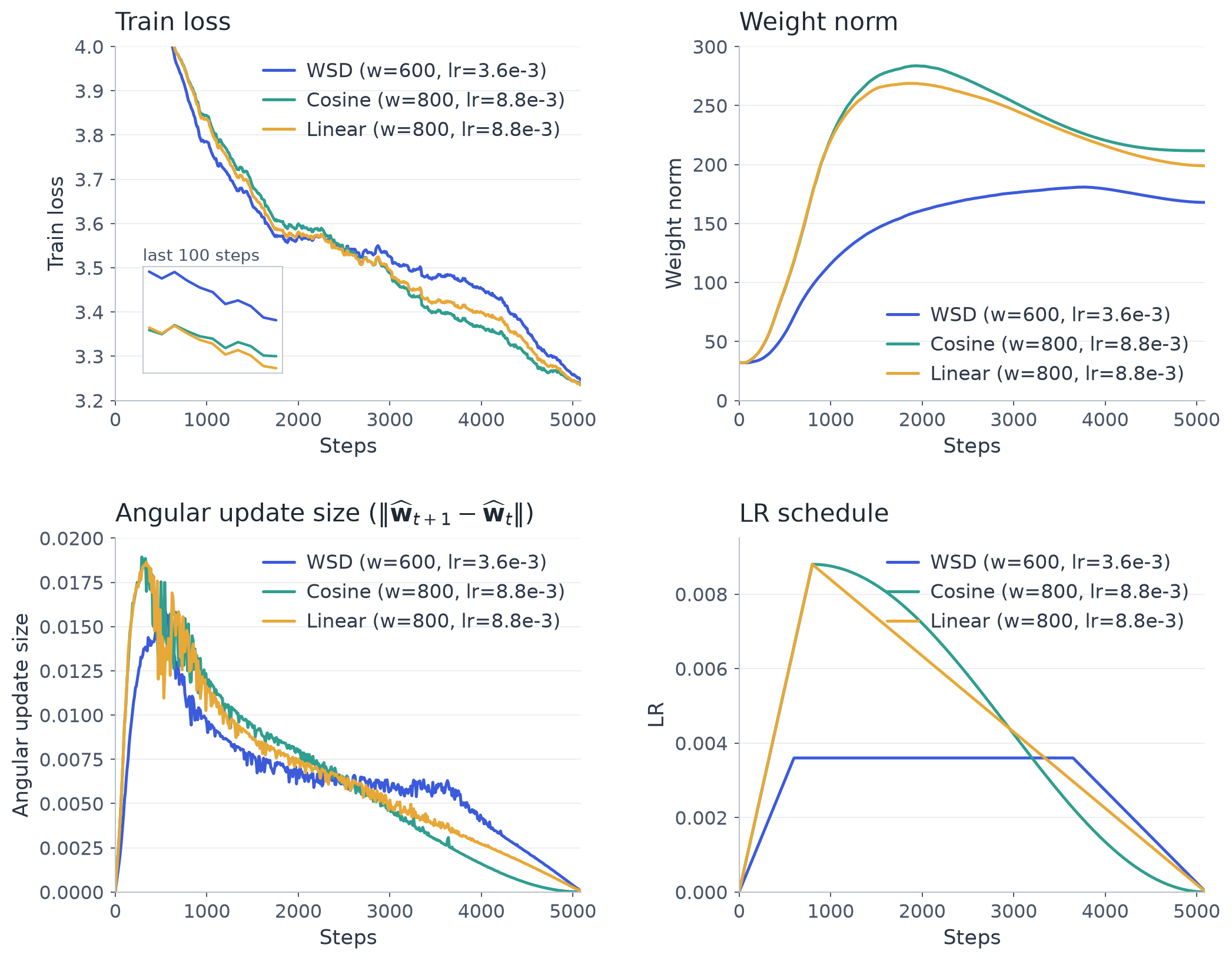 weight norm and angular update size under WSD, cosine and linear schedules